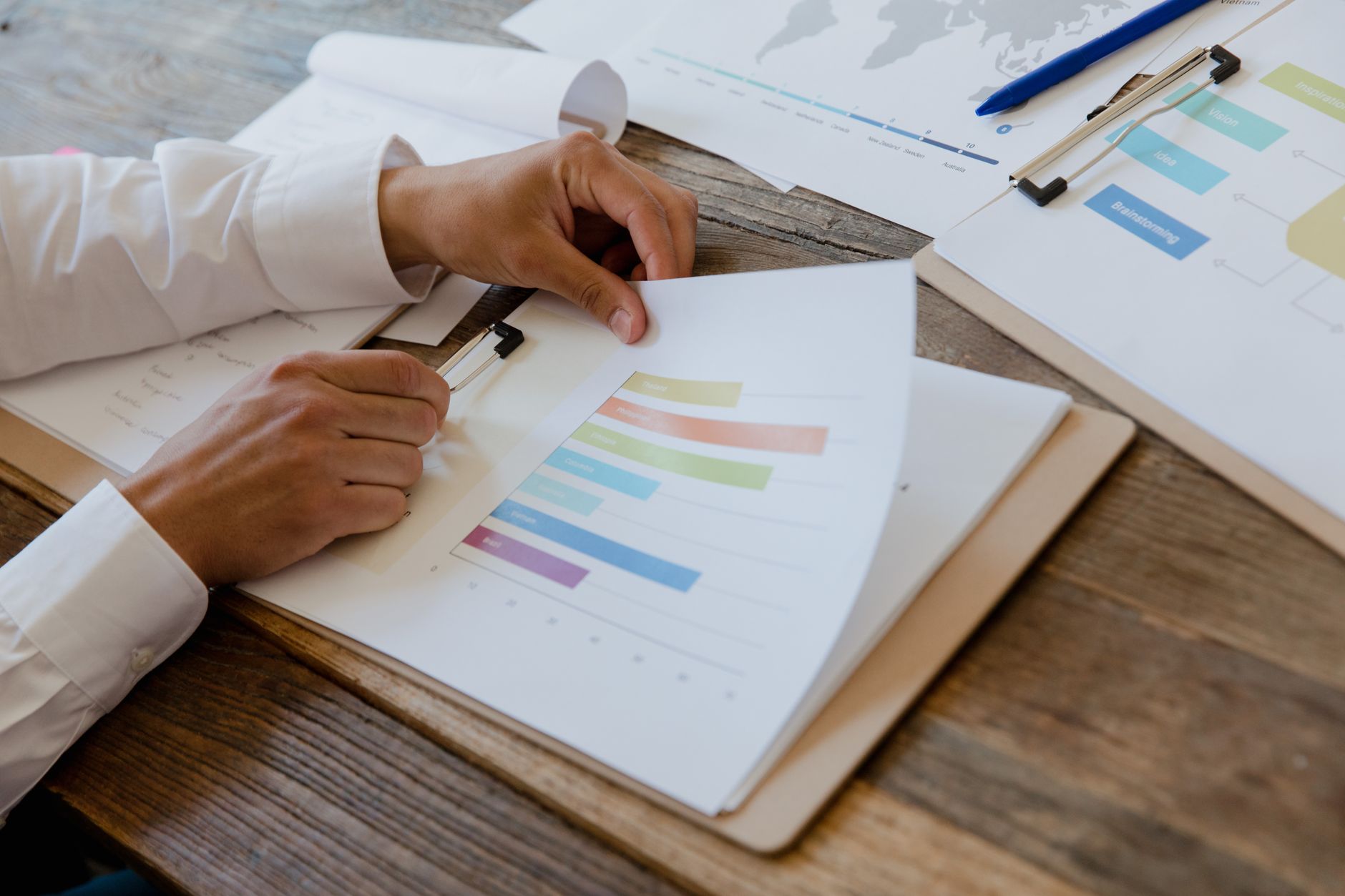 Hands going through a printed report of charts and figures at a desk